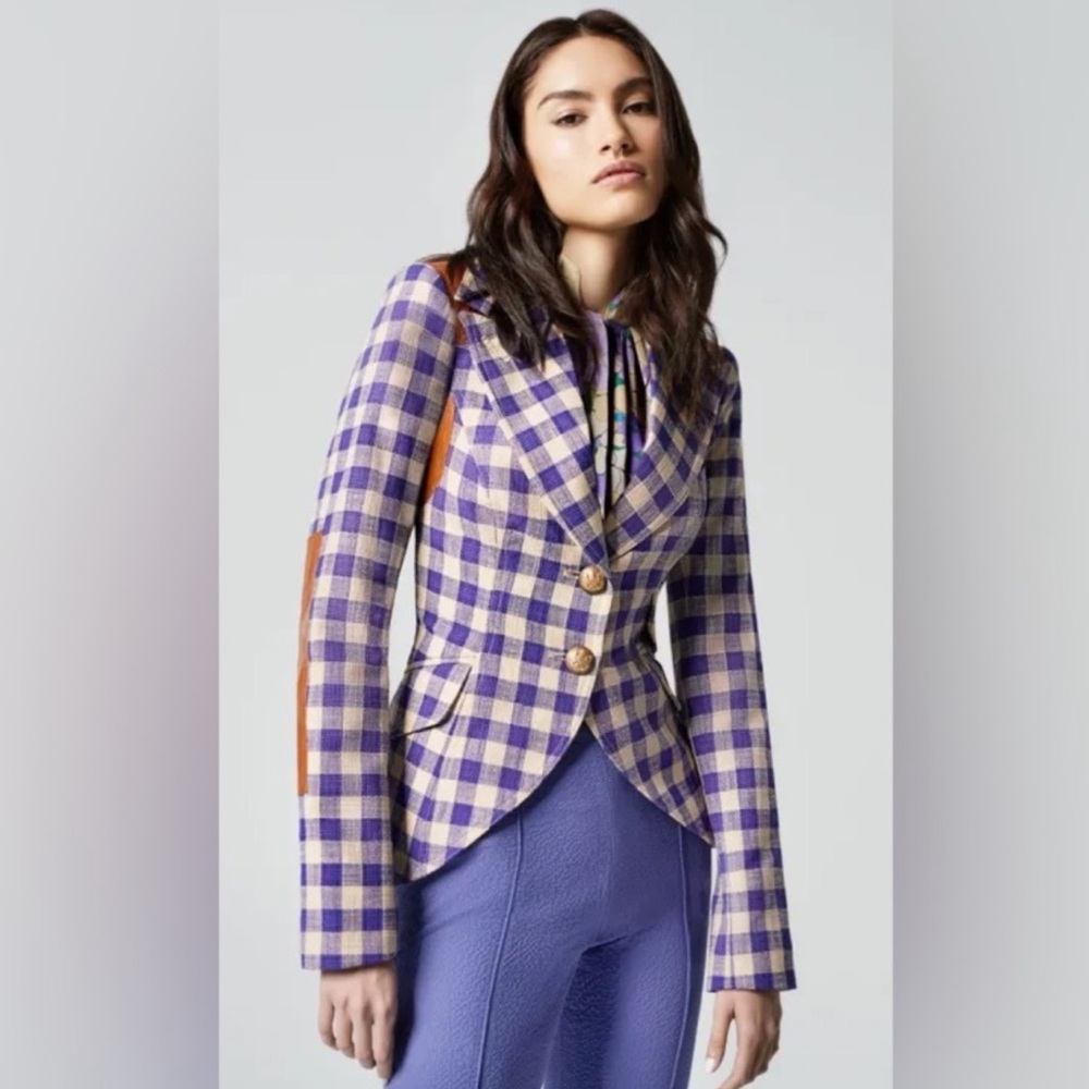 Smythe equestrian Plaid Blazer in Purple and Cream with Brown Accents